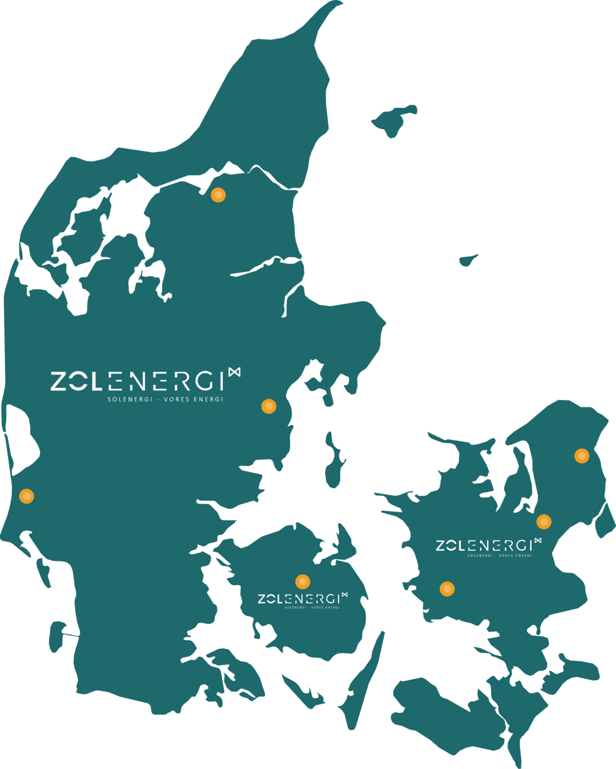 Kort over Danmark med Zolenergis afdelinger markeret i Jylland, på Fyn og på Sjælland