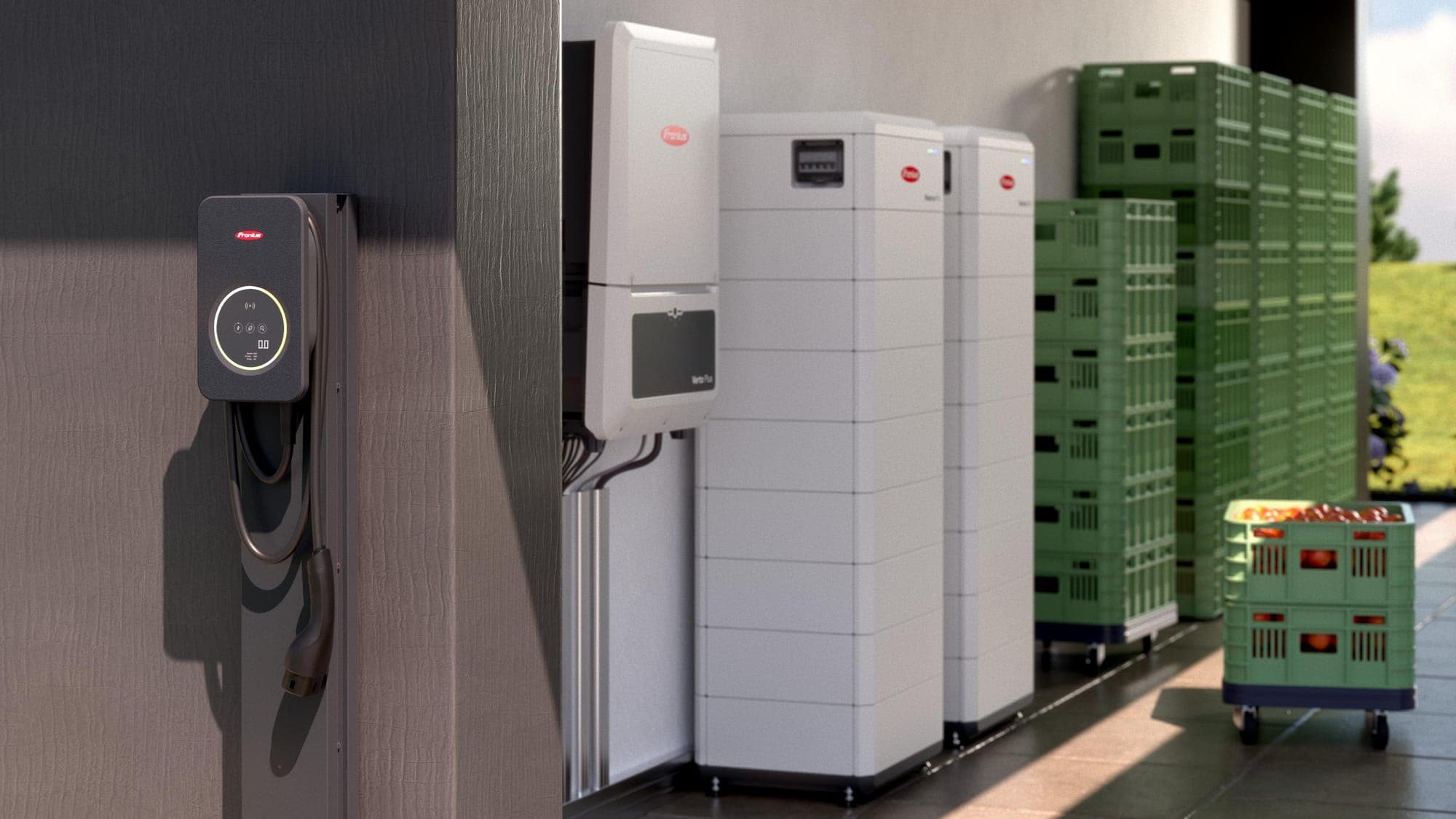Fronius Verto Plus inverter og to Fronius Reserva Pro batteritårne ved siden af en Fronius ladestander hos en virksomhed